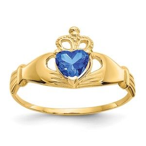 14k Gold Genuine CZ September Birthstone Claddagh Heart Ring, Size 7